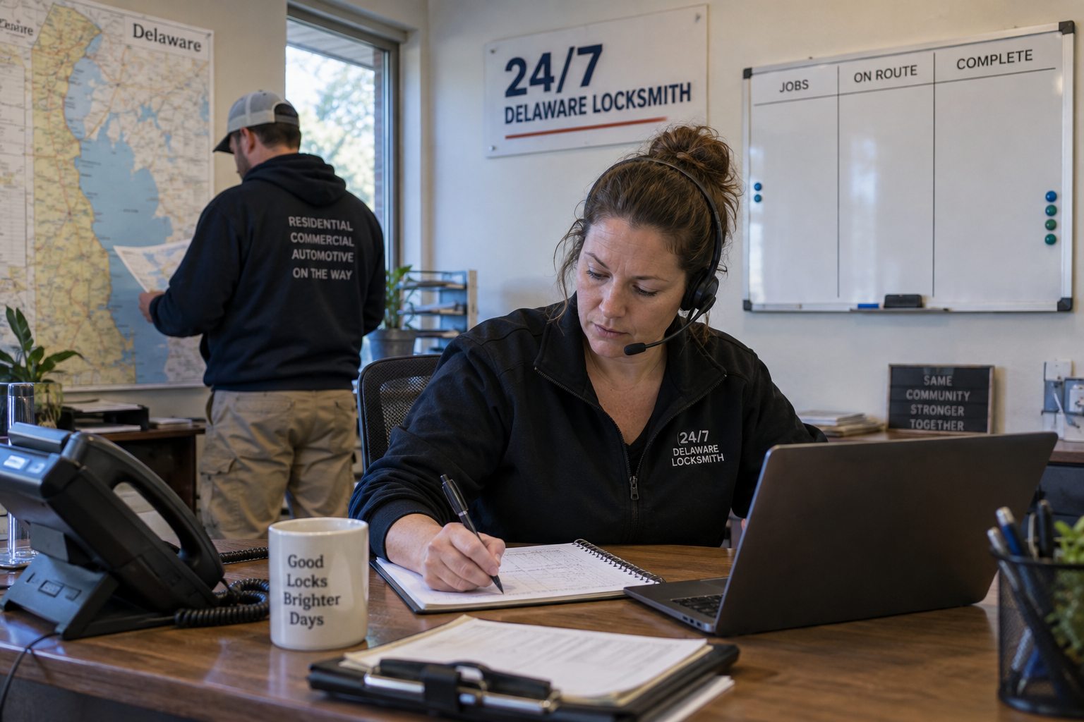 Dispatch desk with a map, phone and job notes at 24/7 Delaware Locksmith