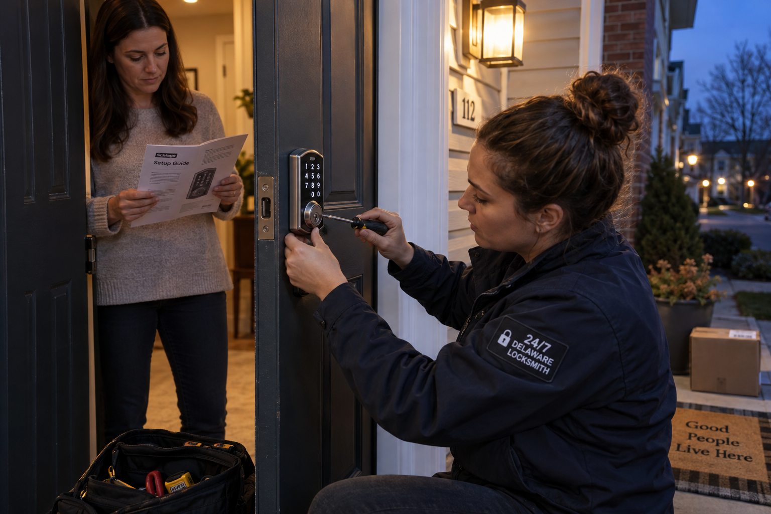 Evening smart lock installation under porch lighting at a Delaware home