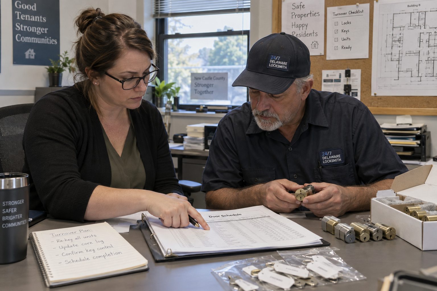 Cylinders and an authorization schedule reviewed with a property manager in an office