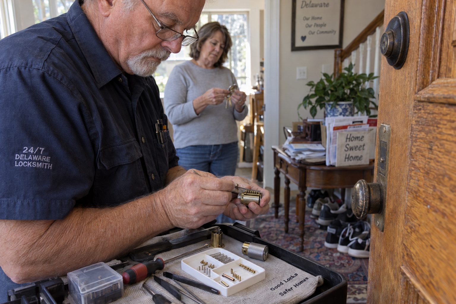 Hands rekeying a deadbolt at a kitchen work surface in a Delaware home