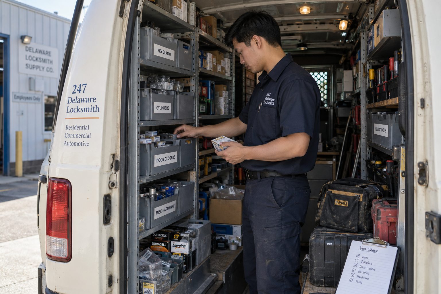 Technician checking organized inventory inside a 24/7 Delaware Locksmith service van