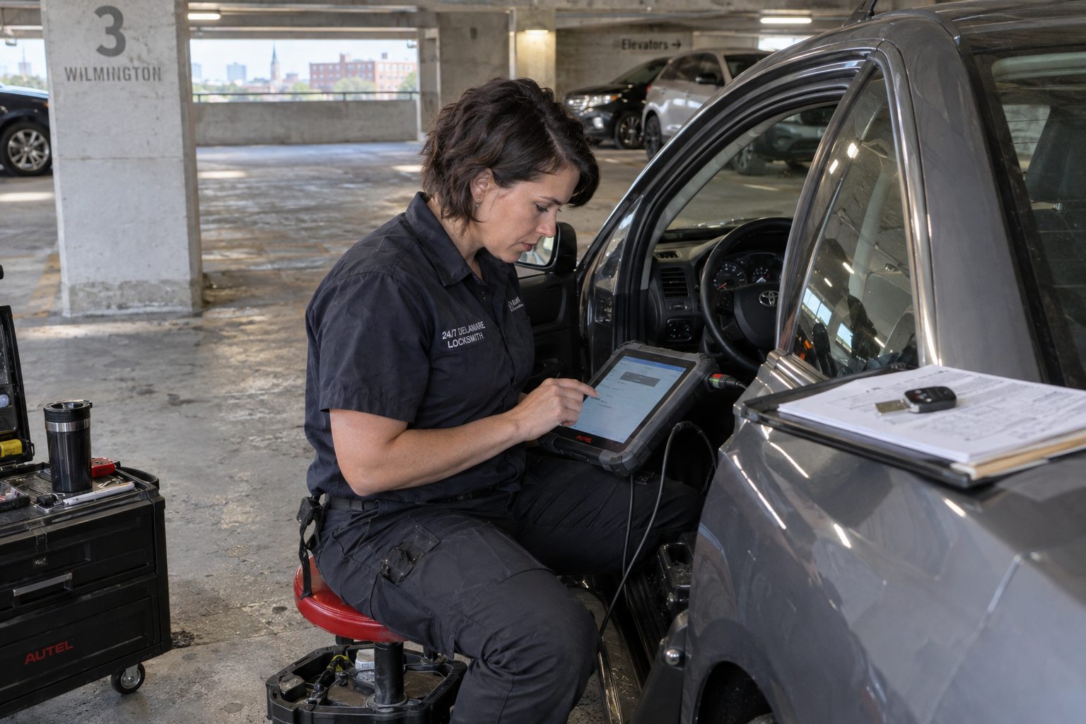 24/7 Delaware Locksmith technician programming a vehicle key in a Wilmington parking garage