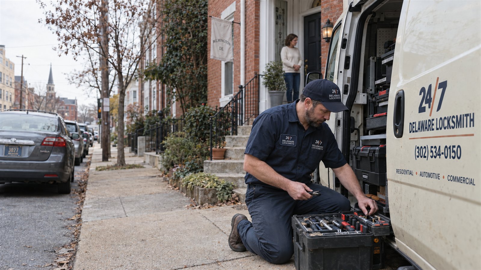 24/7 Delaware Locksmith technician selecting tools beside a branded service van at a Wilmington rowhome